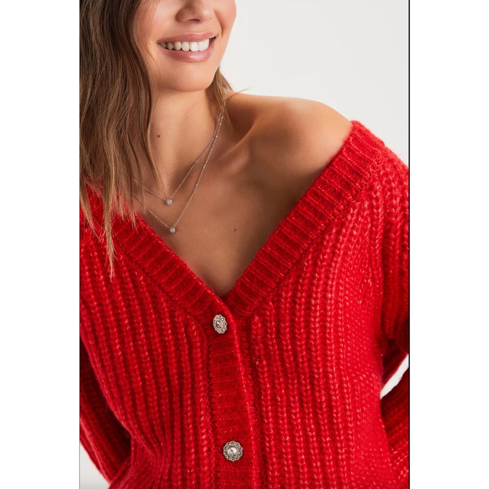 Lulus Red V Neck Rhinestone Cardigan Sweater XS